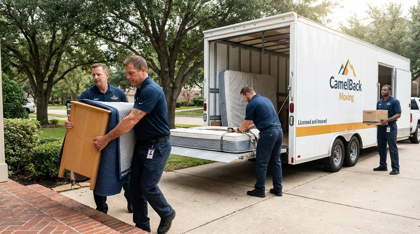 Crew loading residential truck for cross-state move from Tomball, TX
