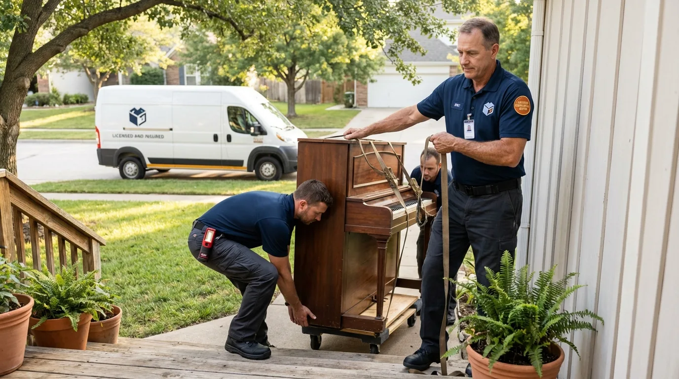 Licensed piano movers securing grand piano in Tomball, TX