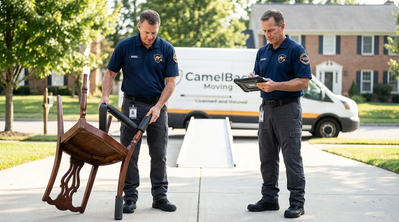 Movers inspecting furniture for damage prevention before loading in Tomball, TX